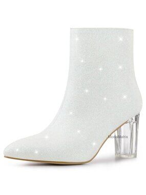 Chunky Heel Glitter Ankle Boots Pointed Toe Zip Block Heel Winter Booties